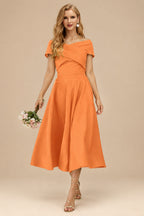 Rutipo Orange A-Line Off-The-Shoulder Short Sleeves Tea-Length Elastic Satin Bridesmaid Dresses