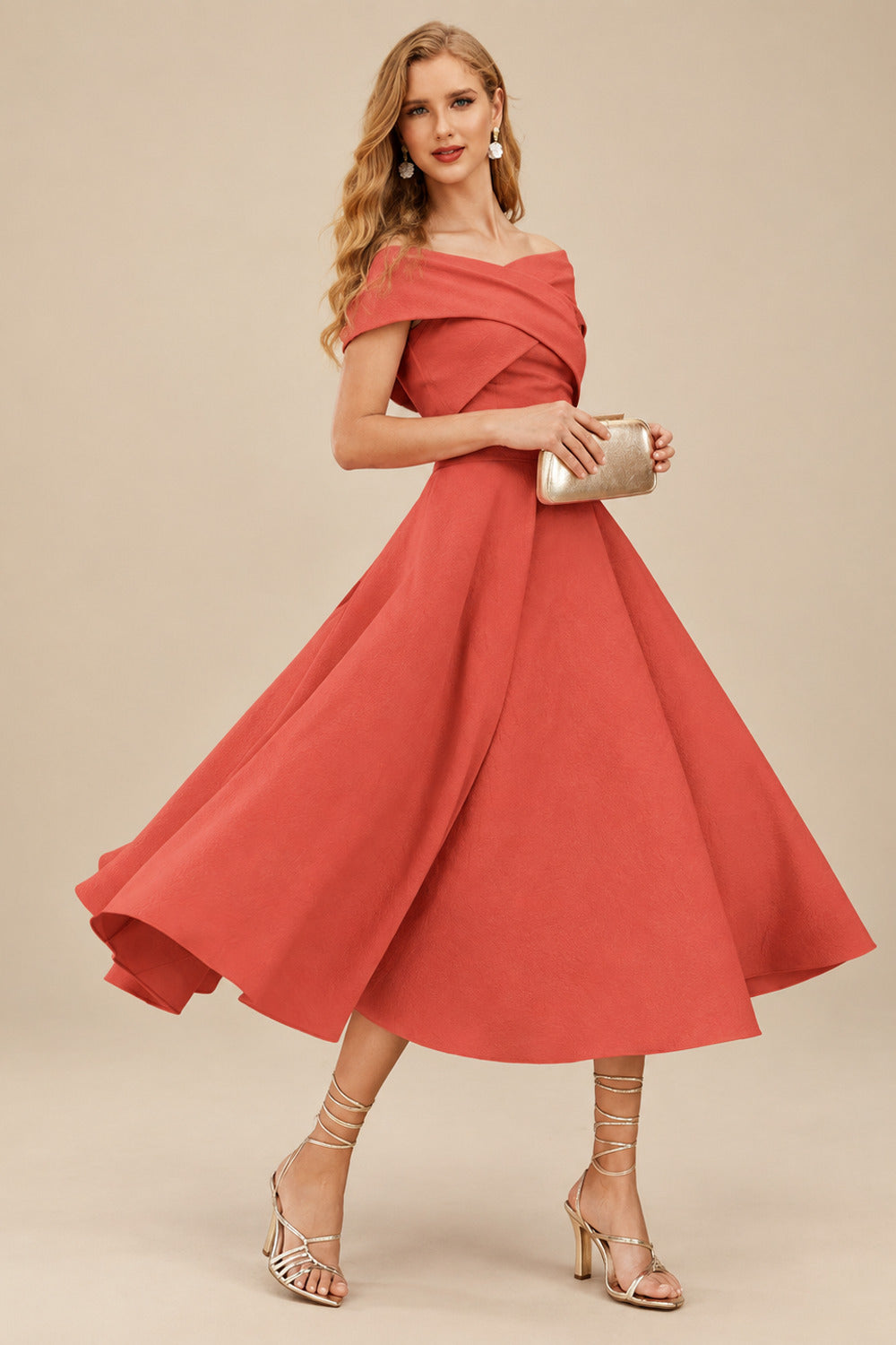 Rutipo Papaya A-Line Off-The-Shoulder Short Sleeves Tea-Length Elastic Satin Bridesmaid Dresses