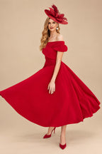 Rutipo Red A-Line Off-The-Shoulder Short Sleeves Tea-Length Elastic Satin Bridesmaid Dresses