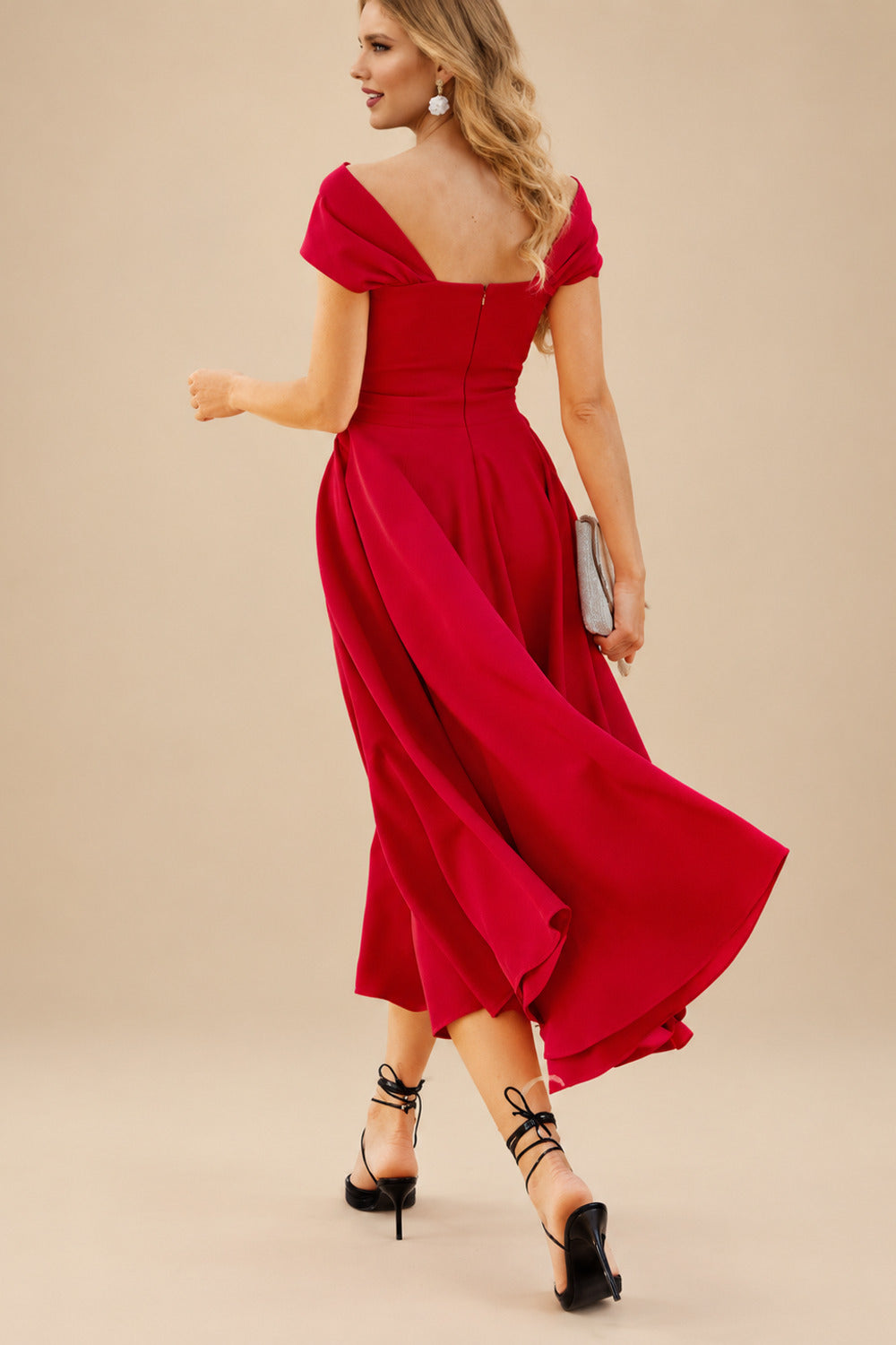 Rutipo Red A-Line Off-The-Shoulder Short Sleeves Tea-Length Elastic Satin Bridesmaid Dresses