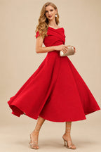 Rutipo Red A-Line Off-The-Shoulder Short Sleeves Tea-Length Elastic Satin Bridesmaid Dresses
