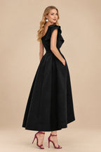 Rutipo Black A-Line One-Shoulder Sleeveless Asymmetrical Satin Bridesmaid Dresses With Pockets