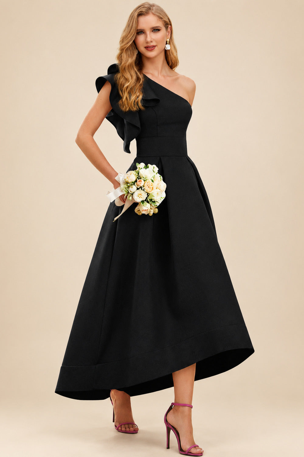 Rutipo Black A-Line One-Shoulder Sleeveless Asymmetrical Satin Bridesmaid Dresses With Pockets