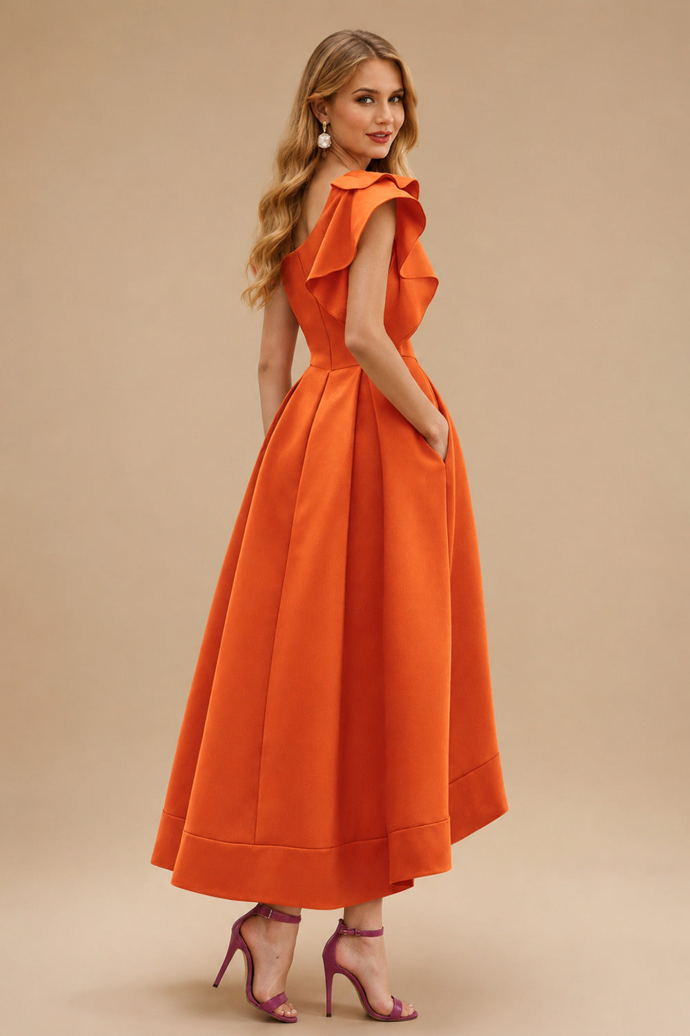 Rutipo Burnt Orange A-Line One-Shoulder Sleeveless Asymmetrical Satin Bridesmaid Dresses With Pockets