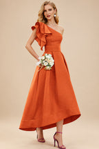 Rutipo Burnt Orange A-Line One-Shoulder Sleeveless Asymmetrical Satin Bridesmaid Dresses With Pockets