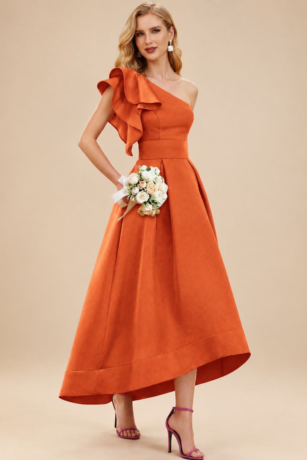 Rutipo Burnt Orange A-Line One-Shoulder Sleeveless Asymmetrical Satin Bridesmaid Dresses With Pockets