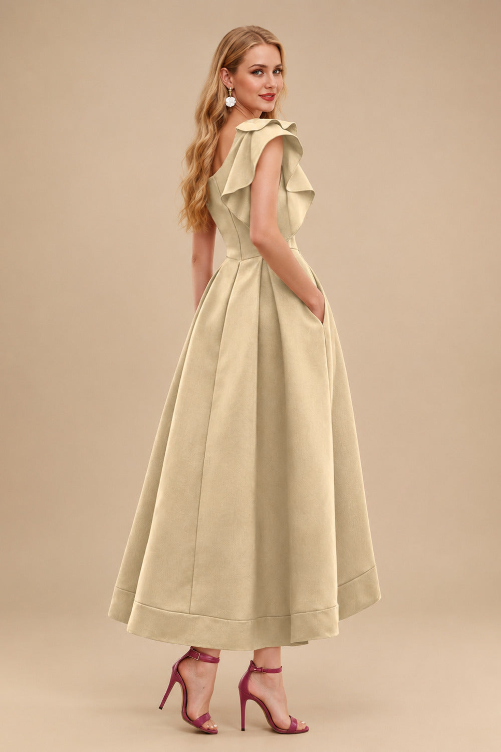 Rutipo Champagne A-Line One-Shoulder Sleeveless Asymmetrical Satin Bridesmaid Dresses With Pockets