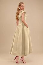 Rutipo Champagne A-Line One-Shoulder Sleeveless Asymmetrical Satin Bridesmaid Dresses With Pockets