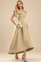 Rutipo Champagne A-Line One-Shoulder Sleeveless Asymmetrical Satin Bridesmaid Dresses With Pockets