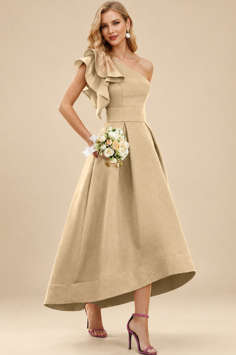 Rutipo Champagne A-Line One-Shoulder Sleeveless Asymmetrical Satin Bridesmaid Dresses With Pockets