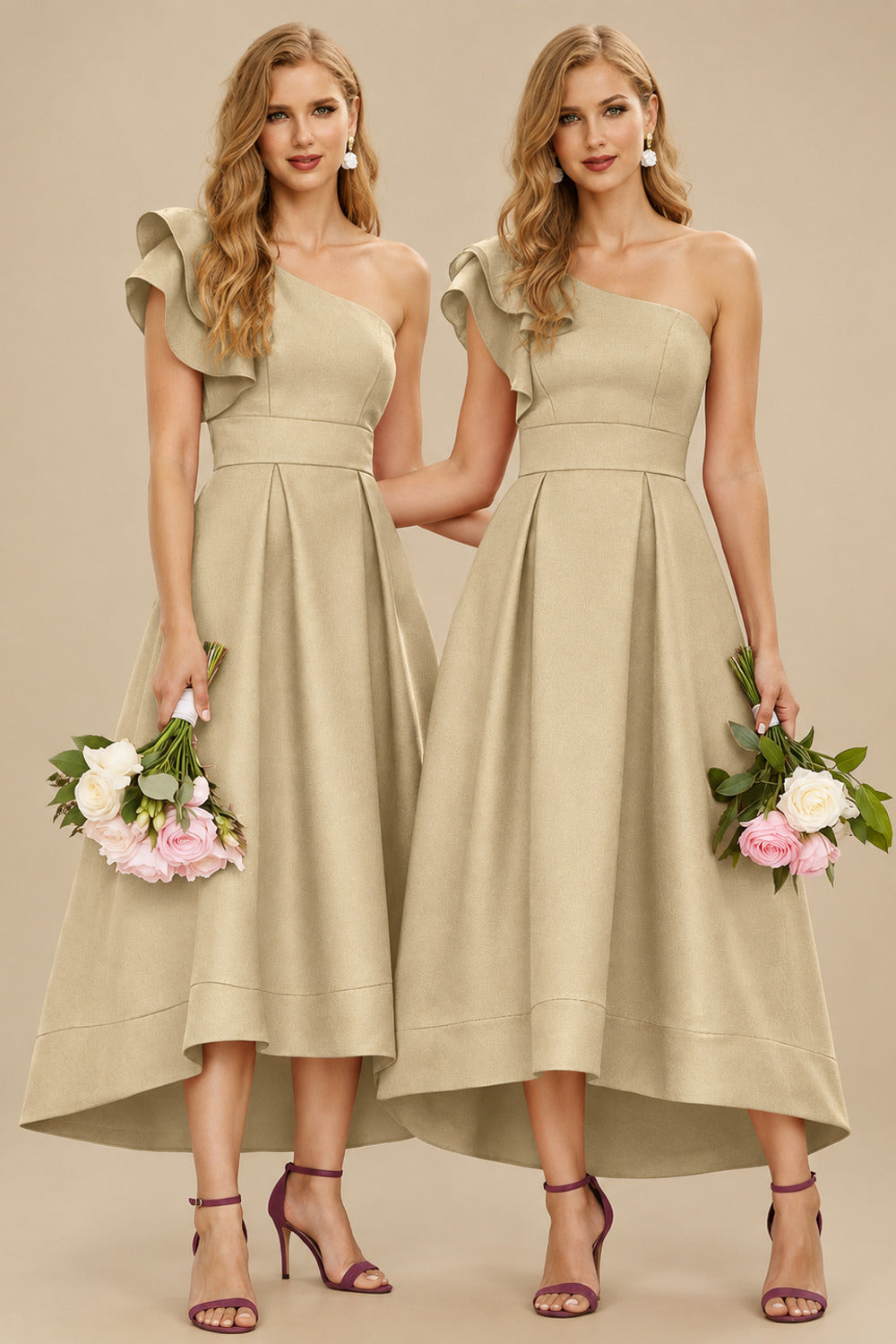 Rutipo Champagne A-Line One-Shoulder Sleeveless Asymmetrical Satin Bridesmaid Dresses With Pockets