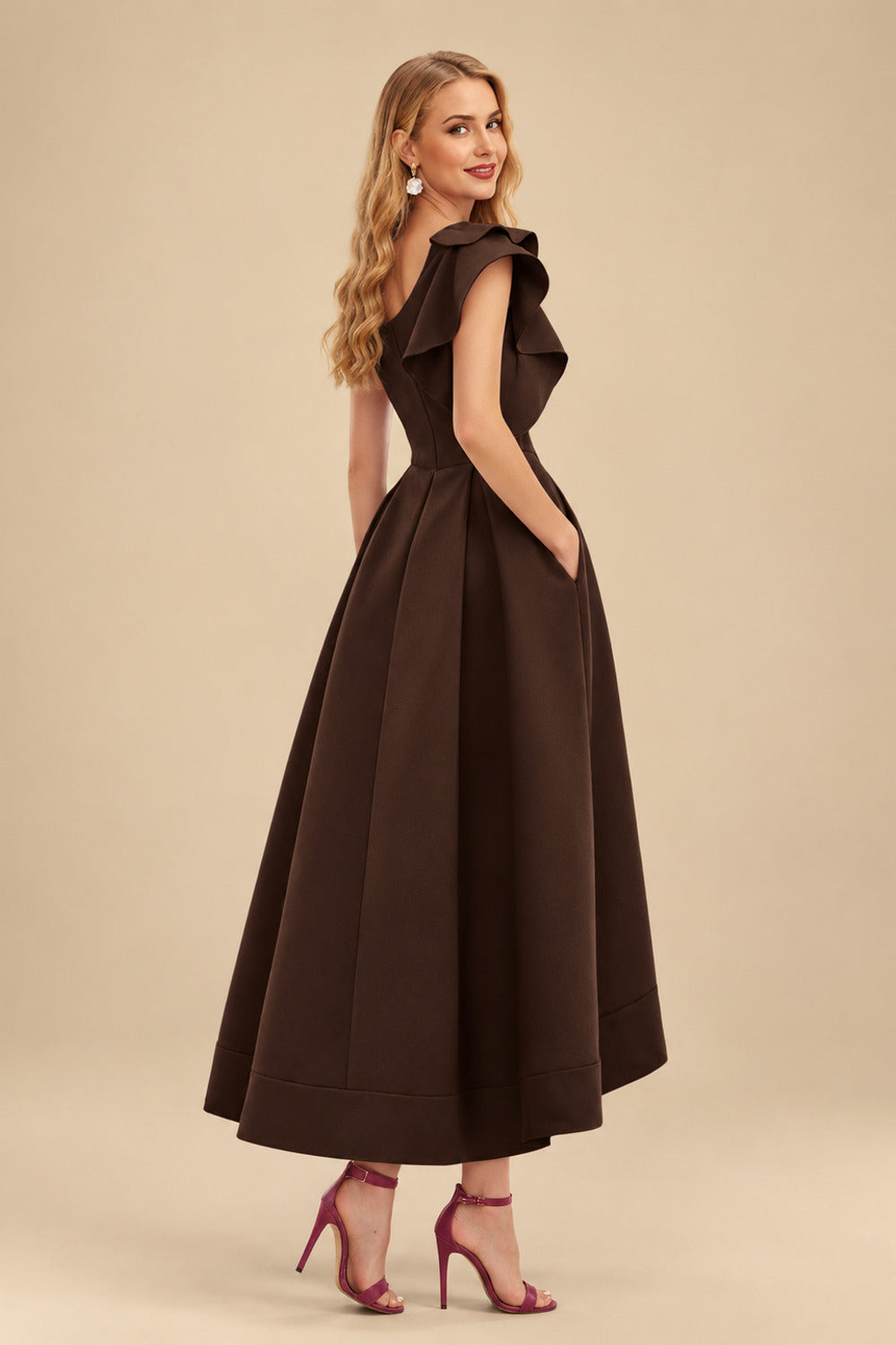 Rutipo Chocolate A-Line One-Shoulder Sleeveless Asymmetrical Satin Bridesmaid Dresses With Pockets