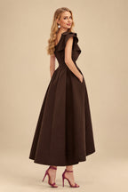 Rutipo Chocolate A-Line One-Shoulder Sleeveless Asymmetrical Satin Bridesmaid Dresses With Pockets
