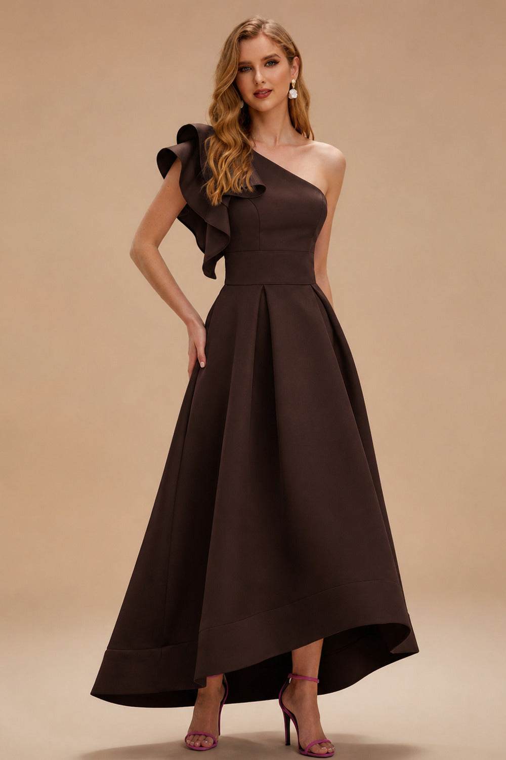 Rutipo Chocolate A-Line One-Shoulder Sleeveless Asymmetrical Satin Bridesmaid Dresses With Pockets