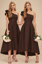 Rutipo Chocolate A-Line One-Shoulder Sleeveless Asymmetrical Satin Bridesmaid Dresses With Pockets