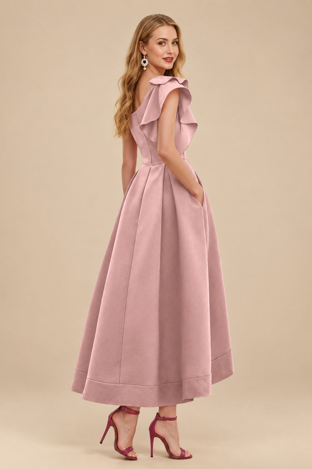 Rutipo Dusty Rose A-Line One-Shoulder Sleeveless Asymmetrical Satin Bridesmaid Dresses With Pockets