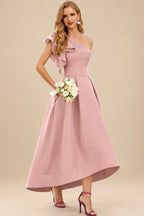 Rutipo Dusty Rose A-Line One-Shoulder Sleeveless Asymmetrical Satin Bridesmaid Dresses With Pockets