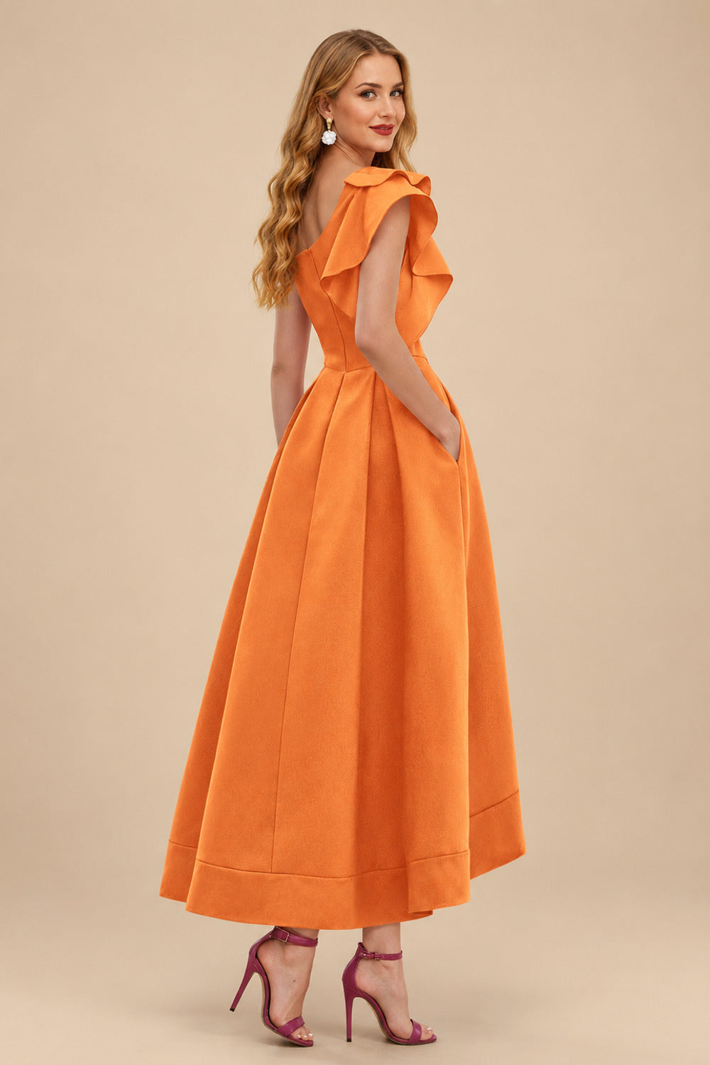 Rutipo Orange A-Line One-Shoulder Sleeveless Asymmetrical Satin Bridesmaid Dresses With Pockets