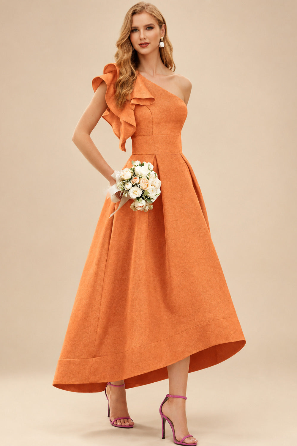 Rutipo Orange A-Line One-Shoulder Sleeveless Asymmetrical Satin Bridesmaid Dresses With Pockets