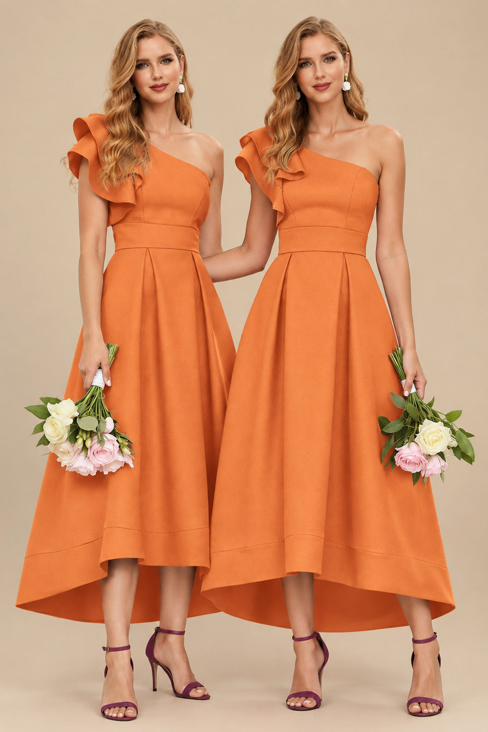 Rutipo Orange A-Line One-Shoulder Sleeveless Asymmetrical Satin Bridesmaid Dresses With Pockets