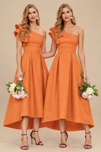 Rutipo Orange A-Line One-Shoulder Sleeveless Asymmetrical Satin Bridesmaid Dresses With Pockets