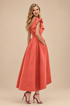 Rutipo Papaya A-Line One-Shoulder Sleeveless Asymmetrical Satin Bridesmaid Dresses With Pockets