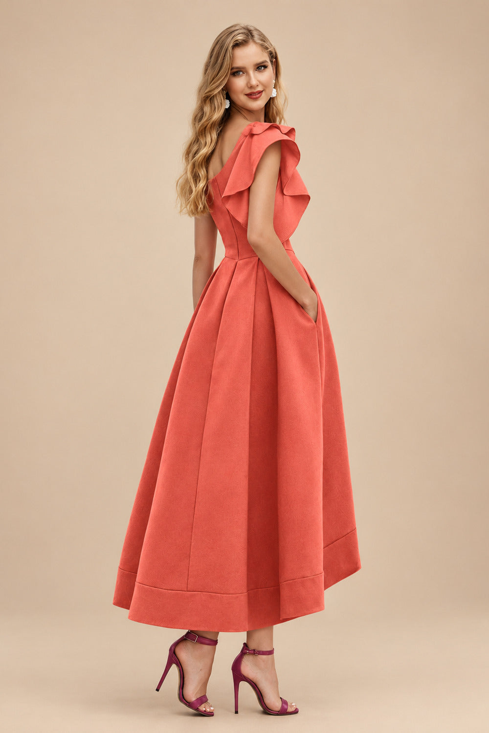 Rutipo Papaya A-Line One-Shoulder Sleeveless Asymmetrical Satin Bridesmaid Dresses With Pockets
