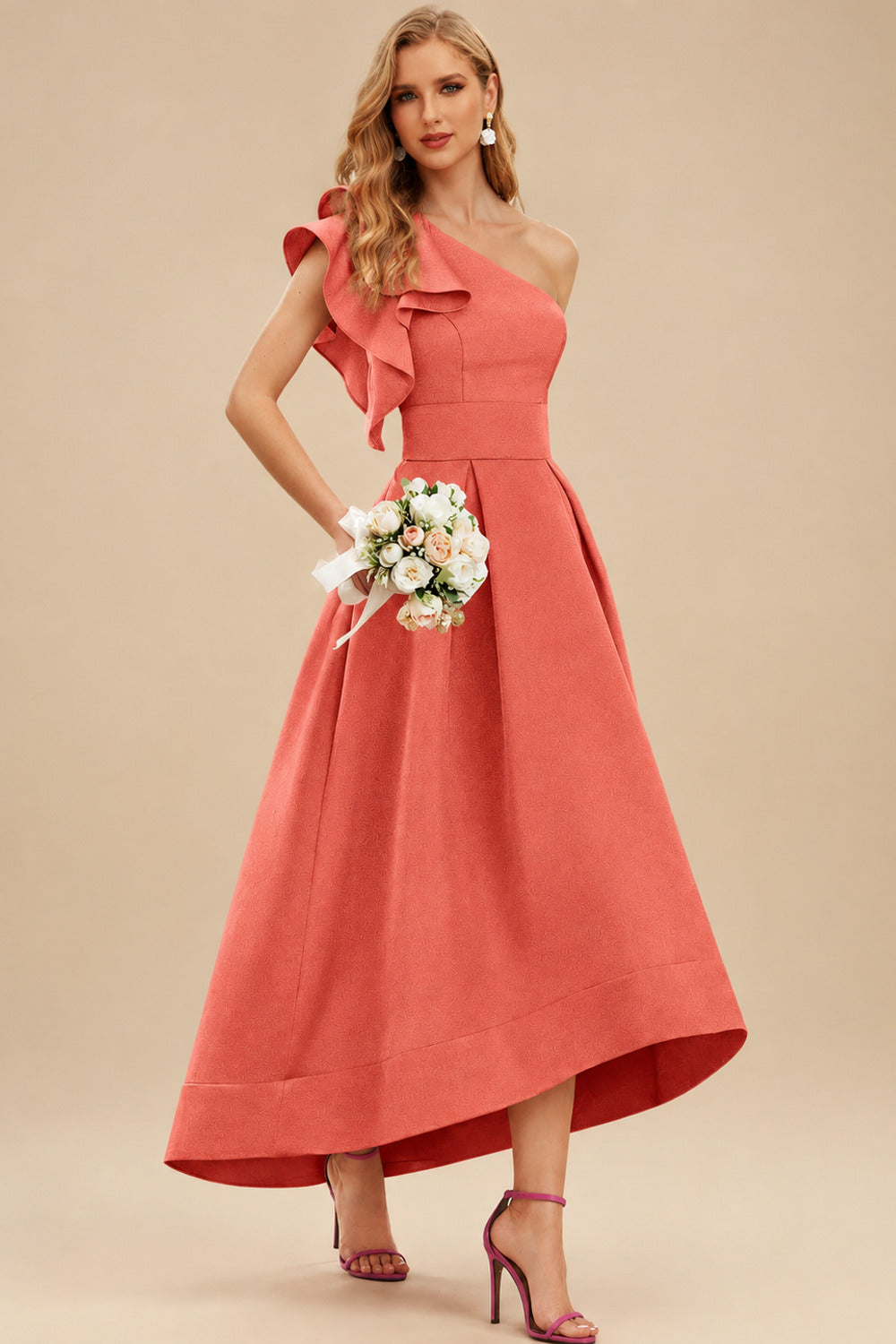 Rutipo Papaya A-Line One-Shoulder Sleeveless Asymmetrical Satin Bridesmaid Dresses With Pockets