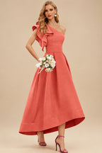Rutipo Papaya A-Line One-Shoulder Sleeveless Asymmetrical Satin Bridesmaid Dresses With Pockets