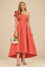 Rutipo Papaya A-Line One-Shoulder Sleeveless Asymmetrical Satin Bridesmaid Dresses With Pockets