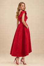 Rutipo Red A-Line One-Shoulder Sleeveless Asymmetrical Satin Bridesmaid Dresses With Pockets