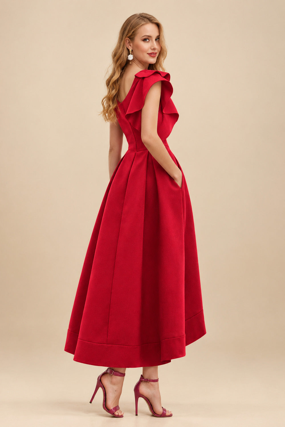 Rutipo Red A-Line One-Shoulder Sleeveless Asymmetrical Satin Bridesmaid Dresses With Pockets