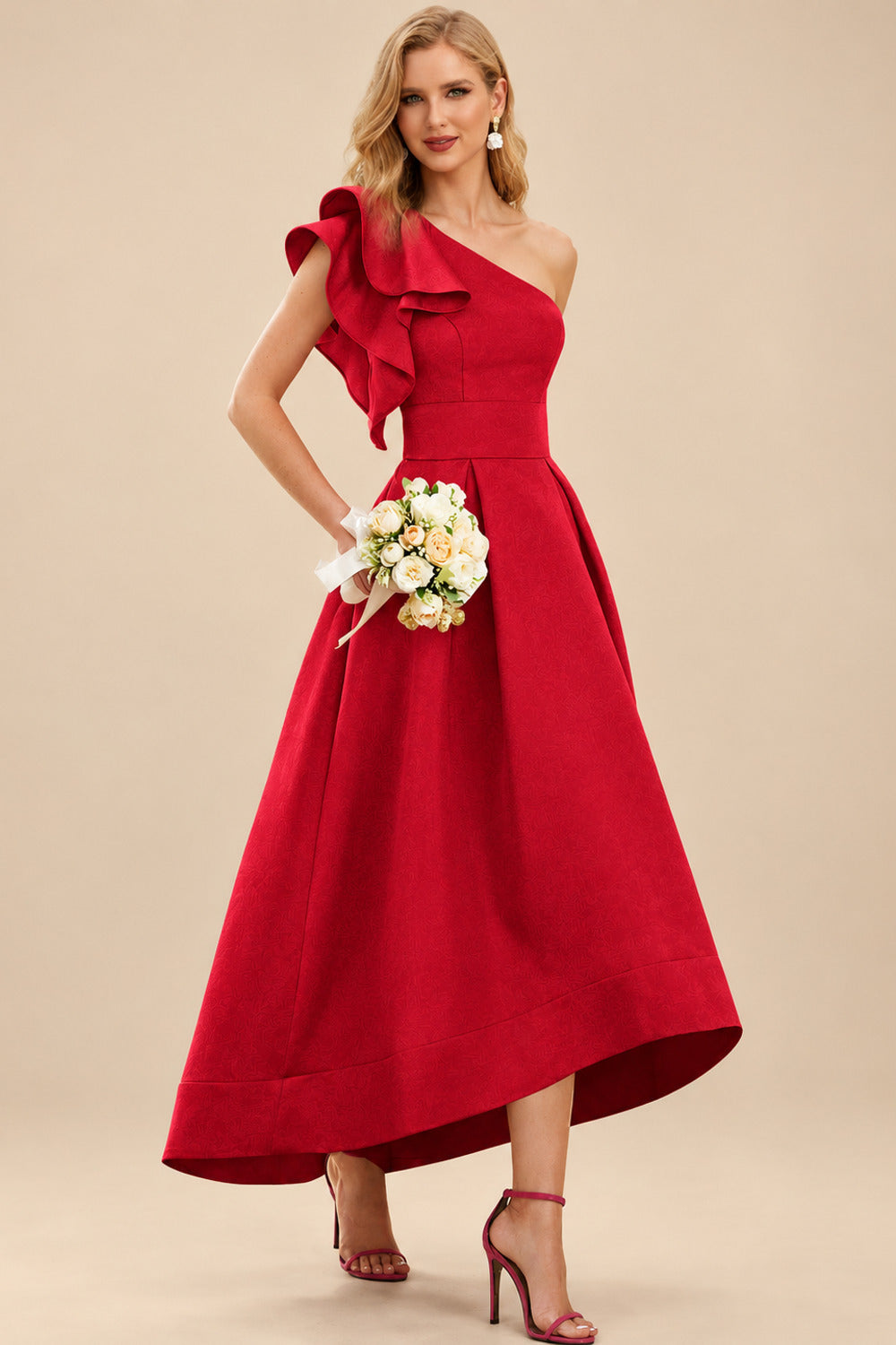 Rutipo Red A-Line One-Shoulder Sleeveless Asymmetrical Satin Bridesmaid Dresses With Pockets
