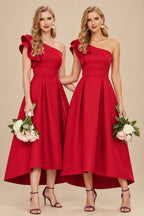 Rutipo Red A-Line One-Shoulder Sleeveless Asymmetrical Satin Bridesmaid Dresses With Pockets