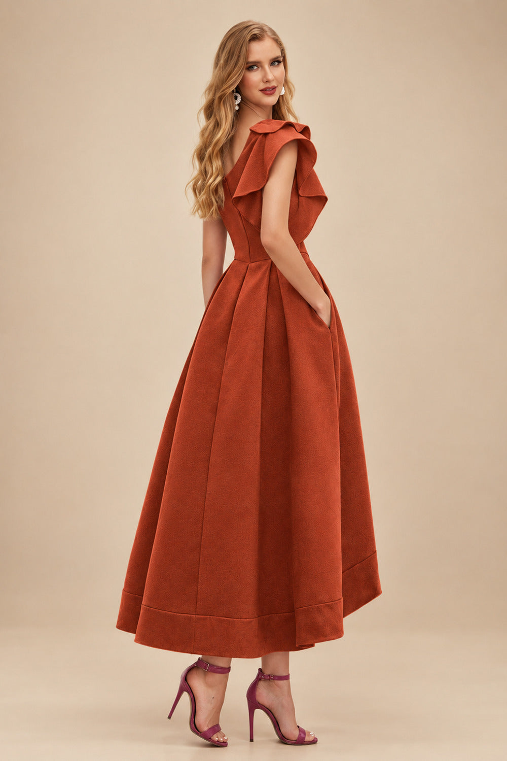 Rutipo Terracotta A-Line One-Shoulder Sleeveless Asymmetrical Satin Bridesmaid Dresses With Pockets
