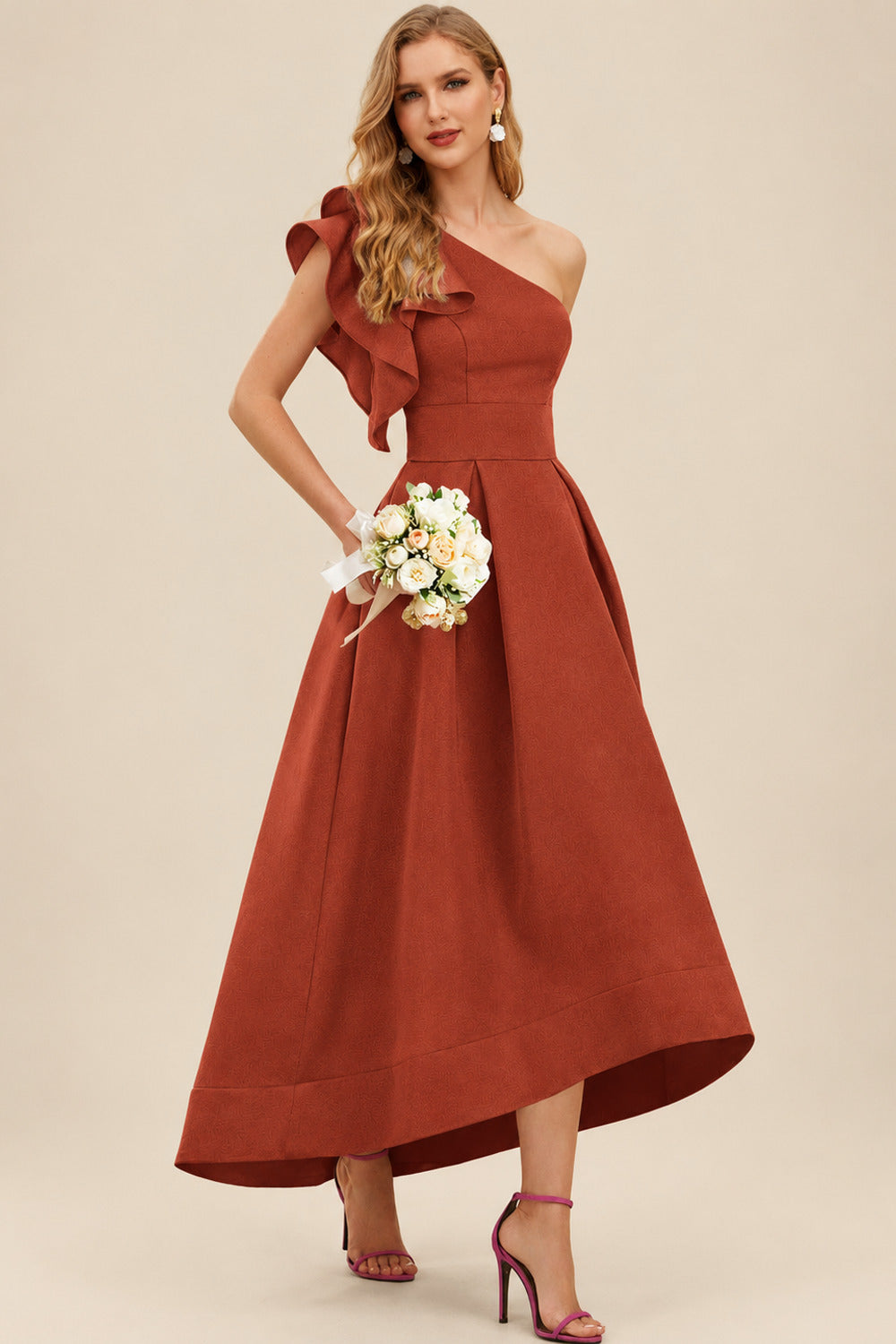 Rutipo Terracotta A-Line One-Shoulder Sleeveless Asymmetrical Satin Bridesmaid Dresses With Pockets