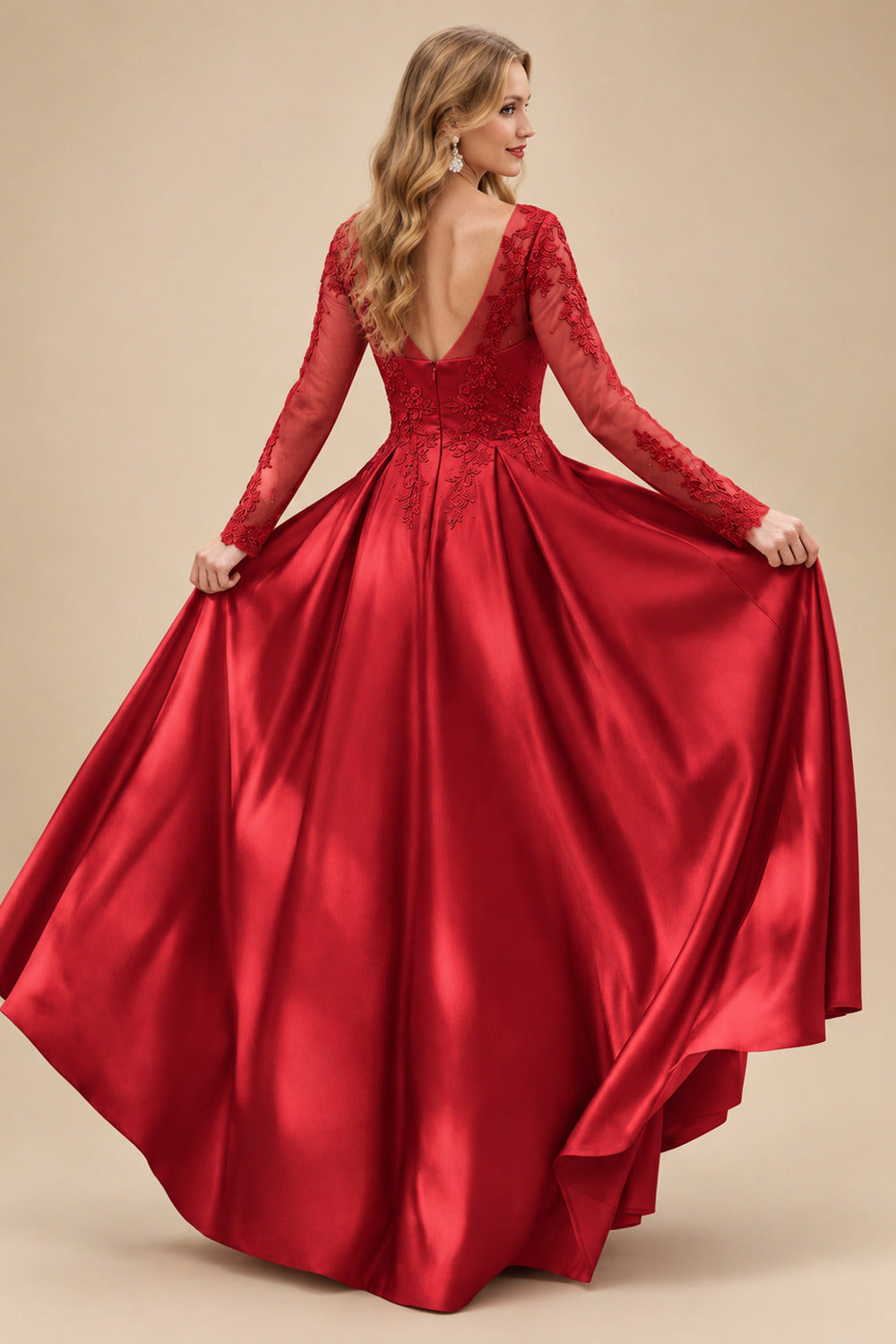 Rutipo Red Ball-Gown V-Neck Satin Lace Floor-Length Evening Dresses With Appliques Lace Beading
