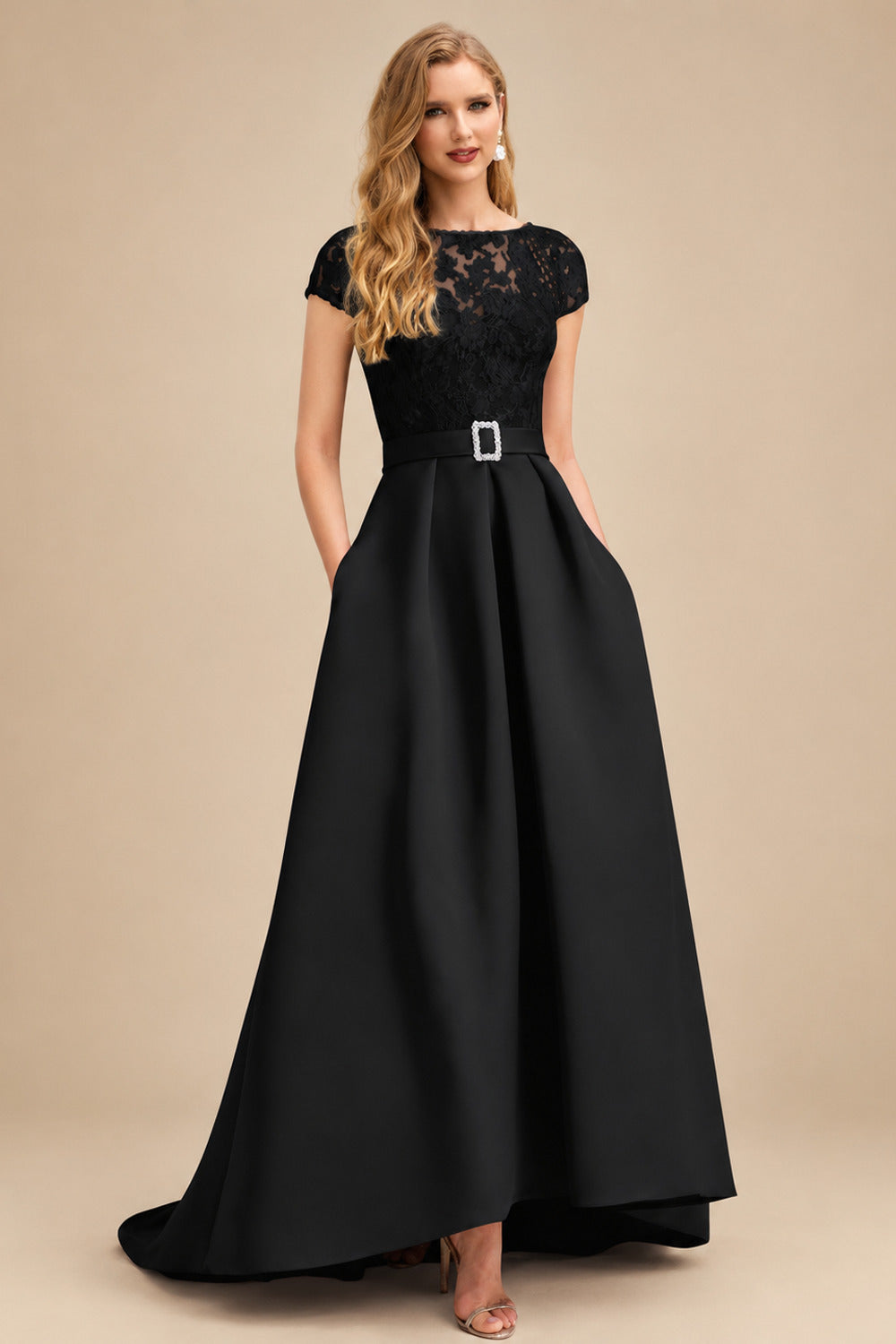 Rutipo Black Lace Elegant A-Line Evening Dresses With Beading Satin