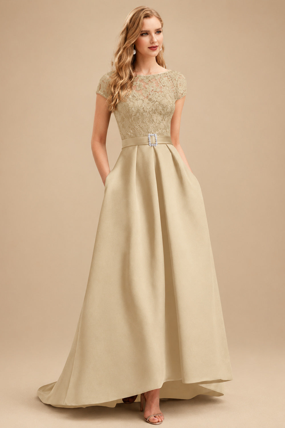 Rutipo Champagne Lace Elegant A-Line Evening Dresses With Beading Satin