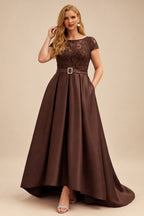 Rutipo Chocolate Lace Elegant A-Line Evening Dresses With Beading Satin