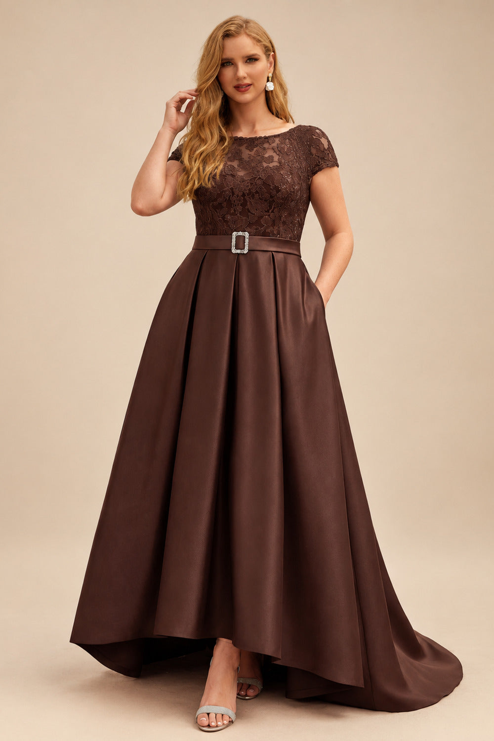 Rutipo Chocolate Lace Elegant A-Line Evening Dresses With Beading Satin