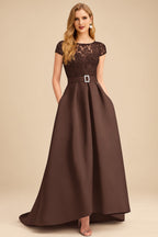 Rutipo Chocolate Lace Elegant A-Line Evening Dresses With Beading Satin