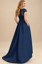 Rutipo Navy Blue Lace Elegant A-Line Evening Dresses With Beading Satin