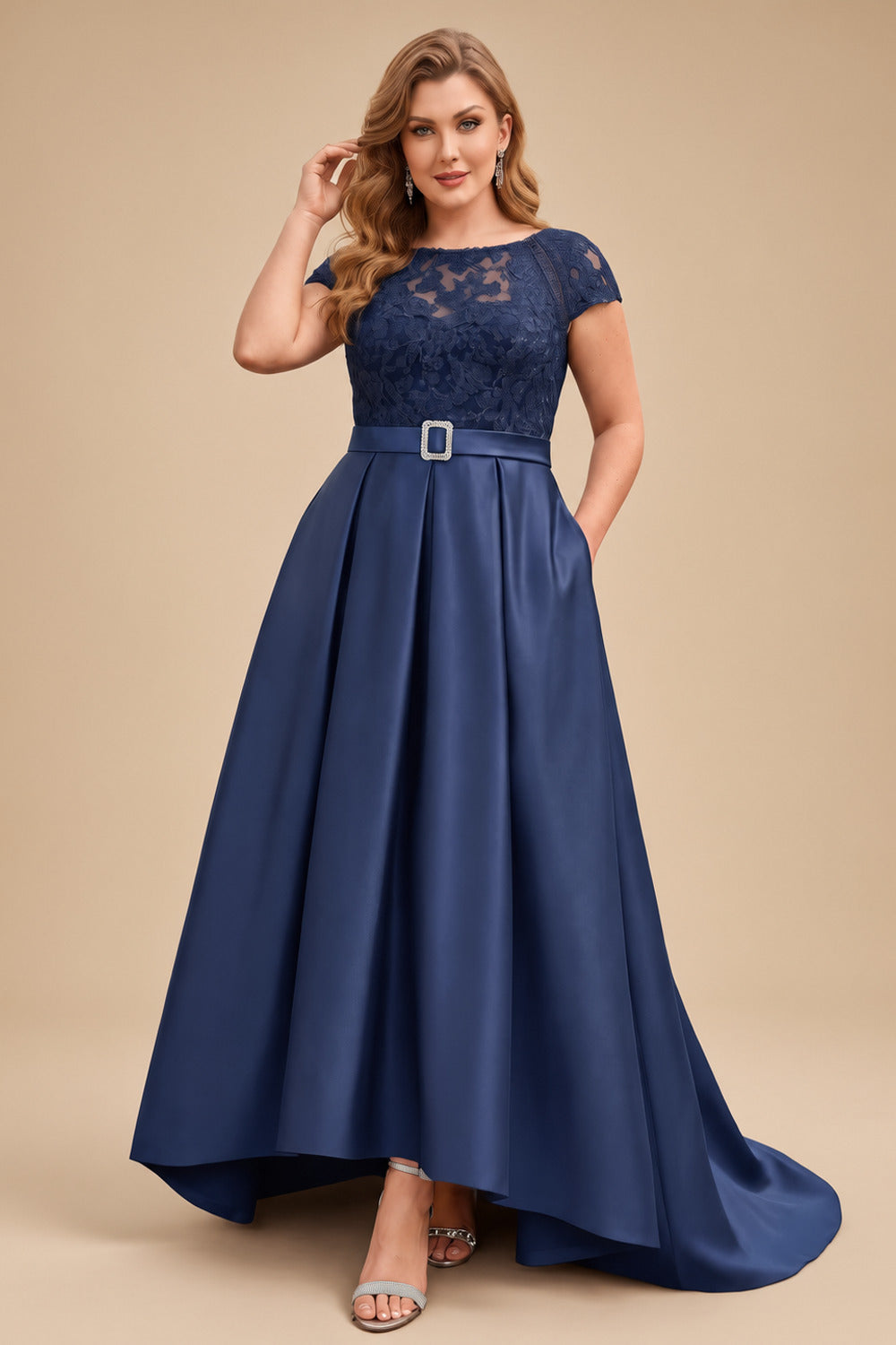 Rutipo Navy Blue Lace Elegant A-Line Evening Dresses With Beading Satin