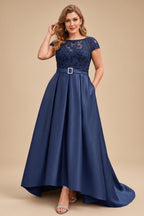 Rutipo Navy Blue Lace Elegant A-Line Evening Dresses With Beading Satin
