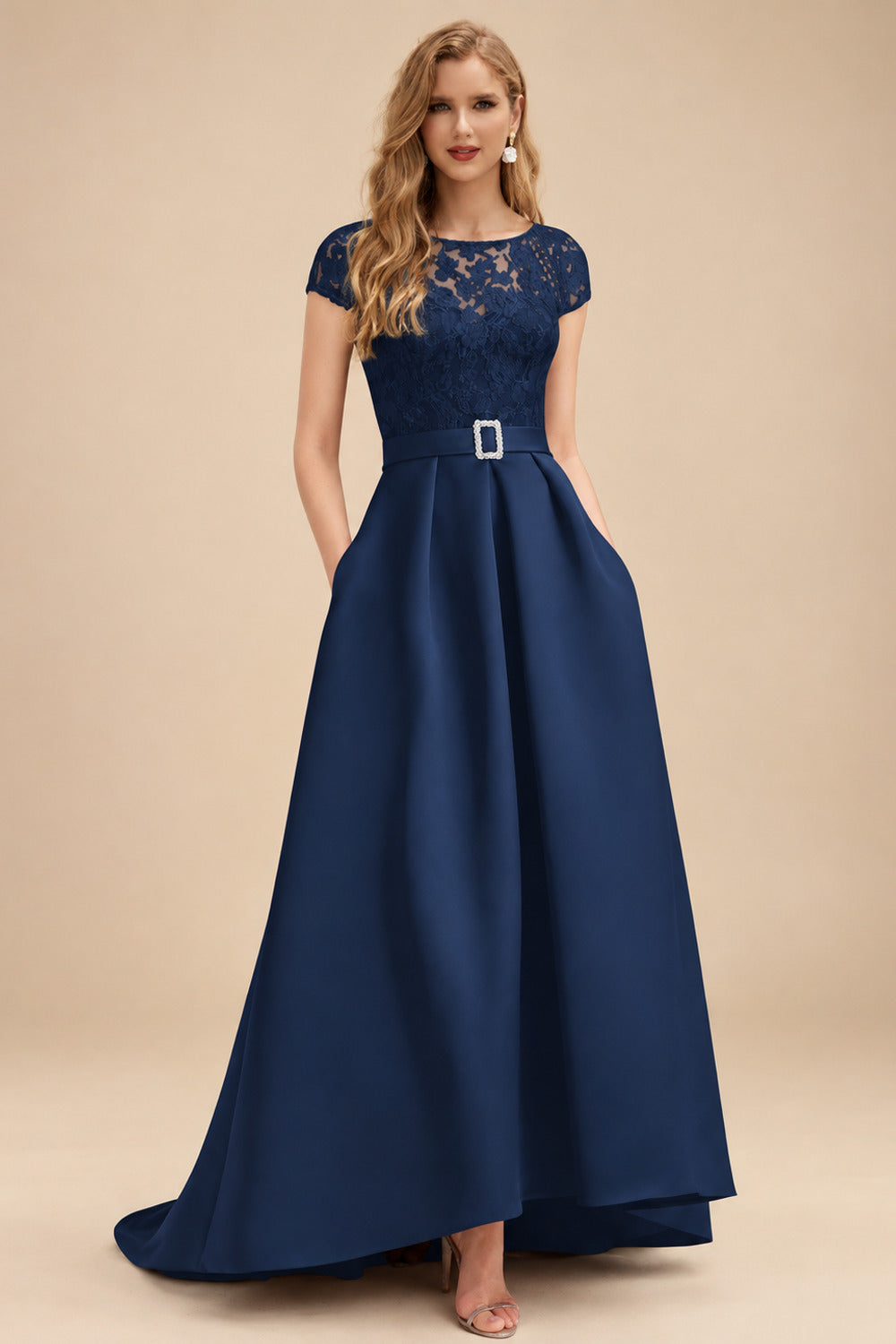Rutipo Navy Blue Lace Elegant A-Line Evening Dresses With Beading Satin