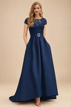 Rutipo Navy Blue Lace Elegant A-Line Evening Dresses With Beading Satin