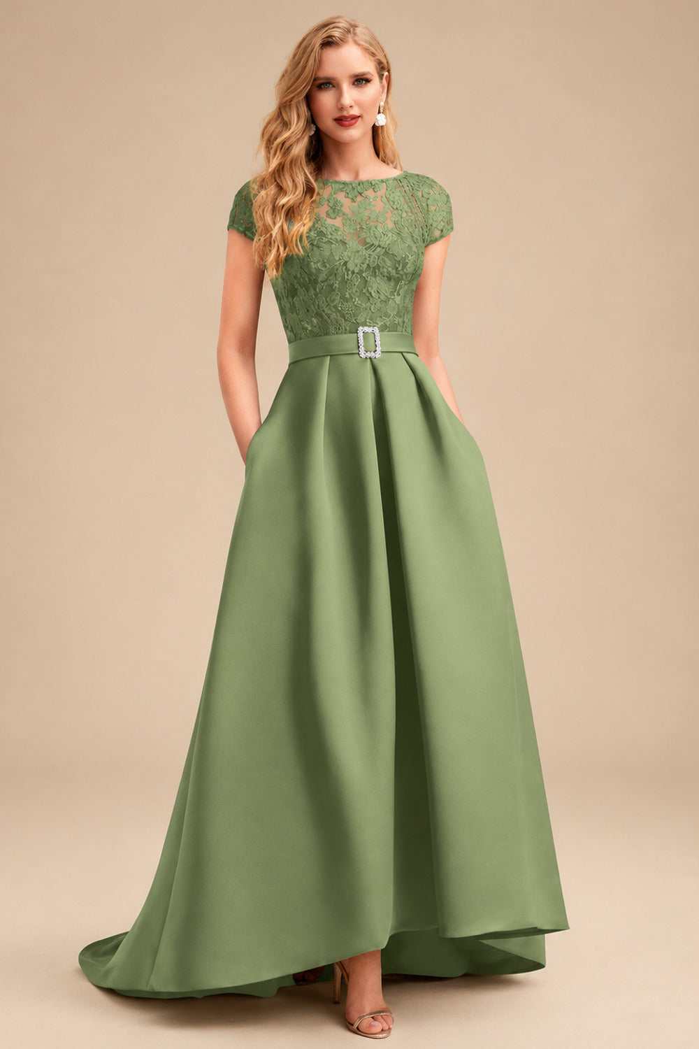 Rutipo Olive Green Lace Elegant A-Line Evening Dresses With Beading Satin