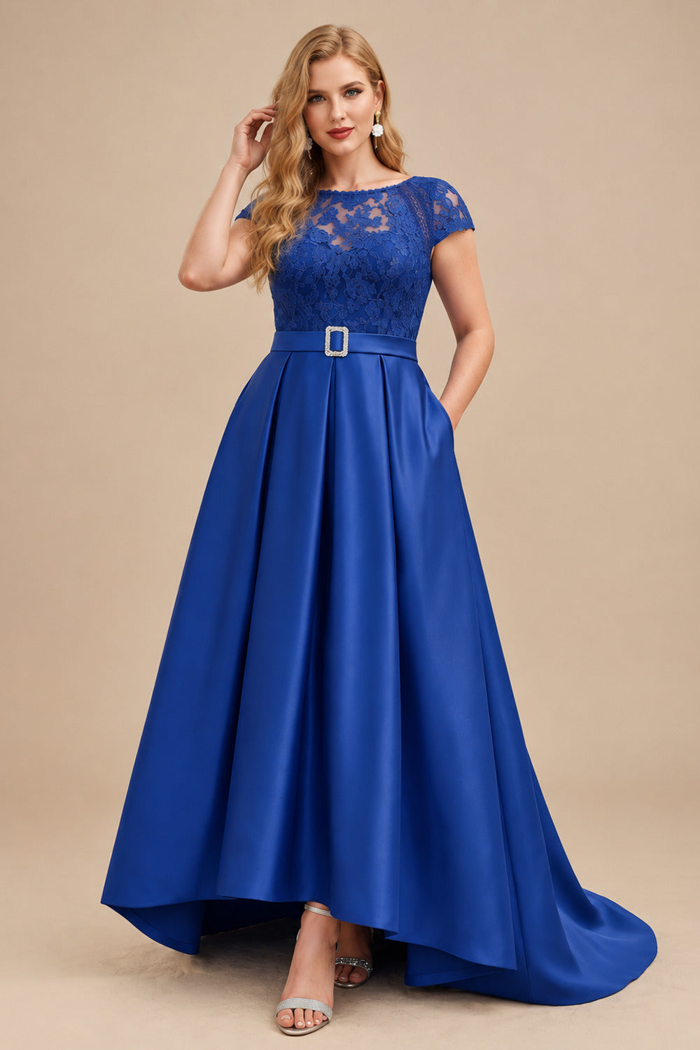 Rutipo Royal Blue Lace Elegant A-Line Evening Dresses With Beading Satin