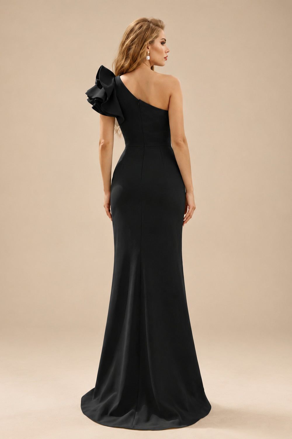 Rutipo Black One-Shoulder A-Line Ruffle Evening Dresses With Elastic Satin